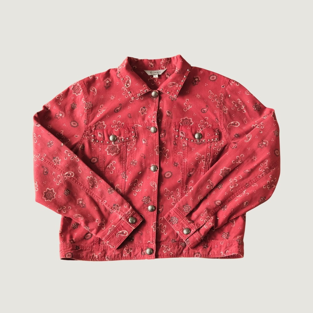 Stonebridge Jacket Paisley Studded Concho Button Red Cotton Canvas L Western